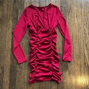 SHEIN Ribbed Ruched Red Bodycon Stretch V-Neck Longsleeve Dress
